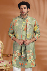 Mehendi Green Silk Floral Printed Jacket Kurta Set